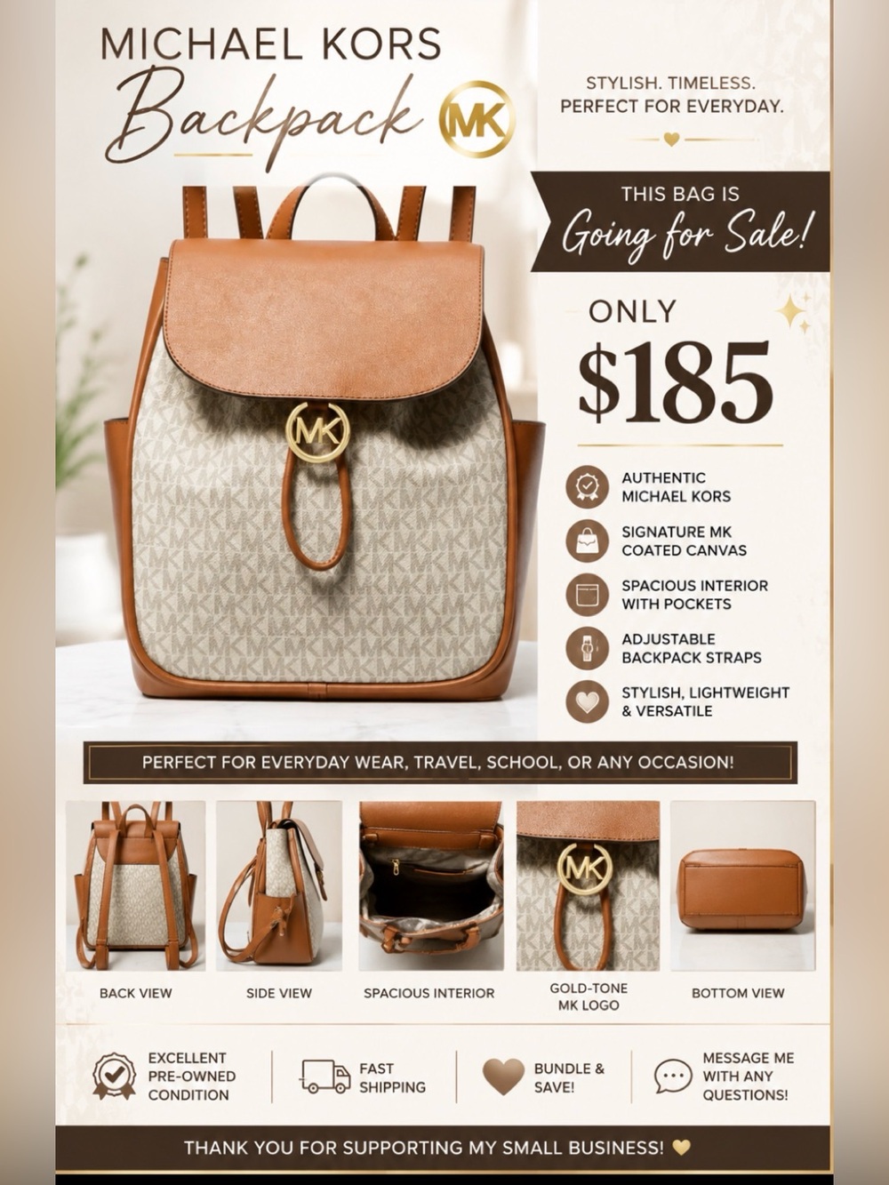Michael Kors Brown and Cream MK Logo Backpack